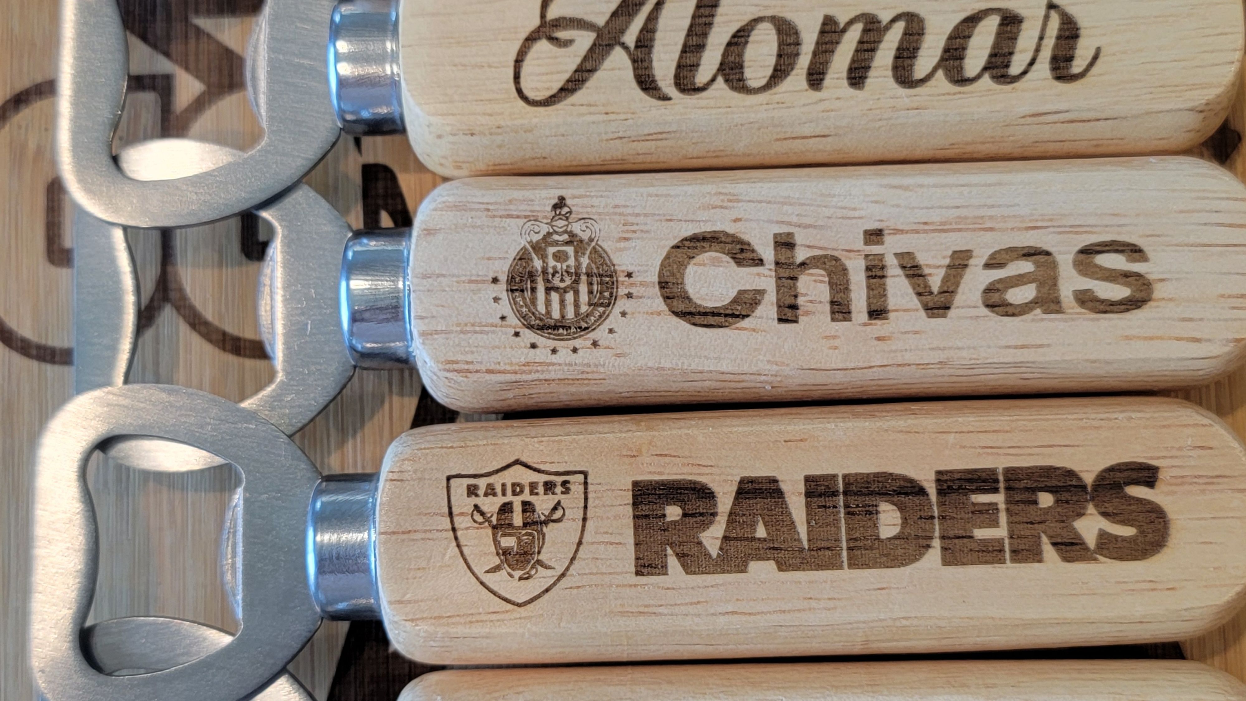 Wood handle openers engraved sports team