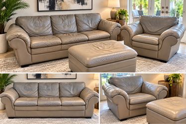 Vintage Natuzzi Model 1448 Italian Leather Sofa Set – 1990s Style – Gray Taupe – Made in Italy