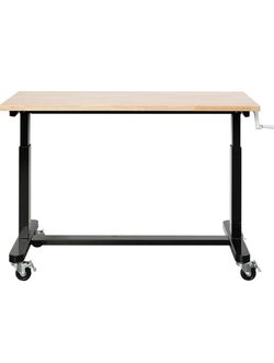 N157-60” Height Adjustable Work Table with Crank Handle and Casters, 60” x 24” Wooden Top Standing Desk Workbench, Heights from 29”-38”, 500 Lbs Load