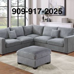 COMFORTABLE GREY CORDUROY SECTIONAL WITH OTTOMAN 