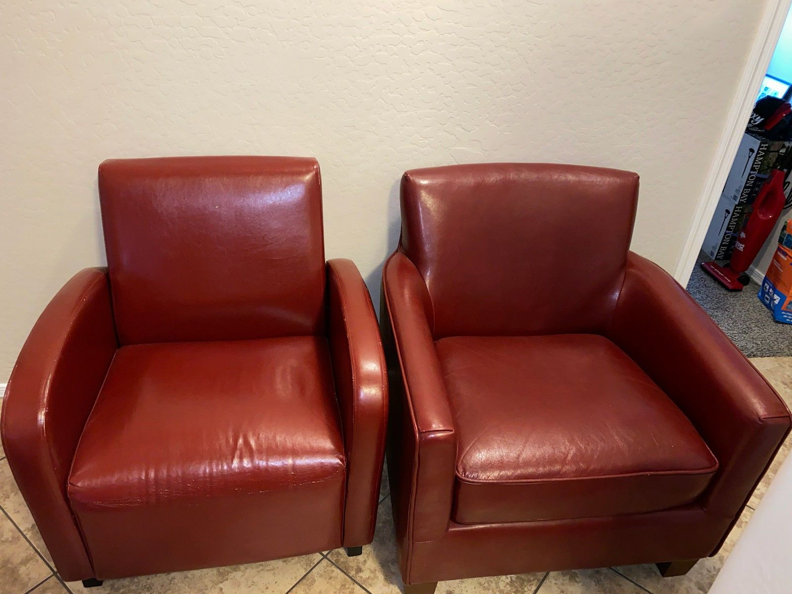 2 Burgundy Leather Accent Chairs w/Ottoman & 2 Leather Bar Height Stools & 2 dark brown end tables all for $325 obo