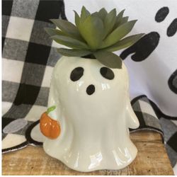Halloween Ghost Ceramic Faux Succulent Decor 5” Tall