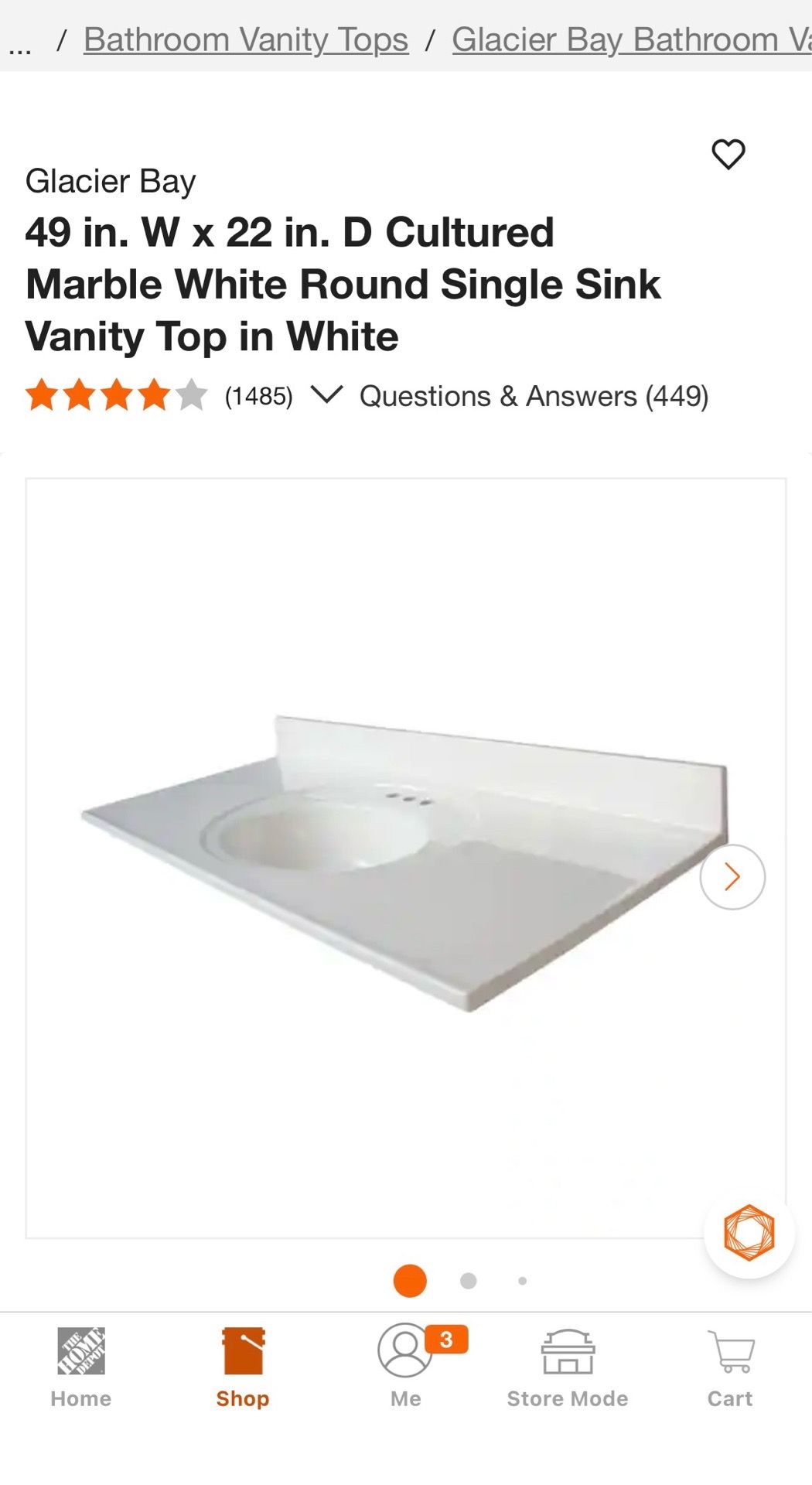 Glacier Bay 49 in. W x 22 in. D Cultured Marble White Round Single Sink Vanity Top in White