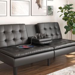 Mainstays Memory Foam Futon/ Full Size Bed with Cupholder and USB, Black Faux Leather