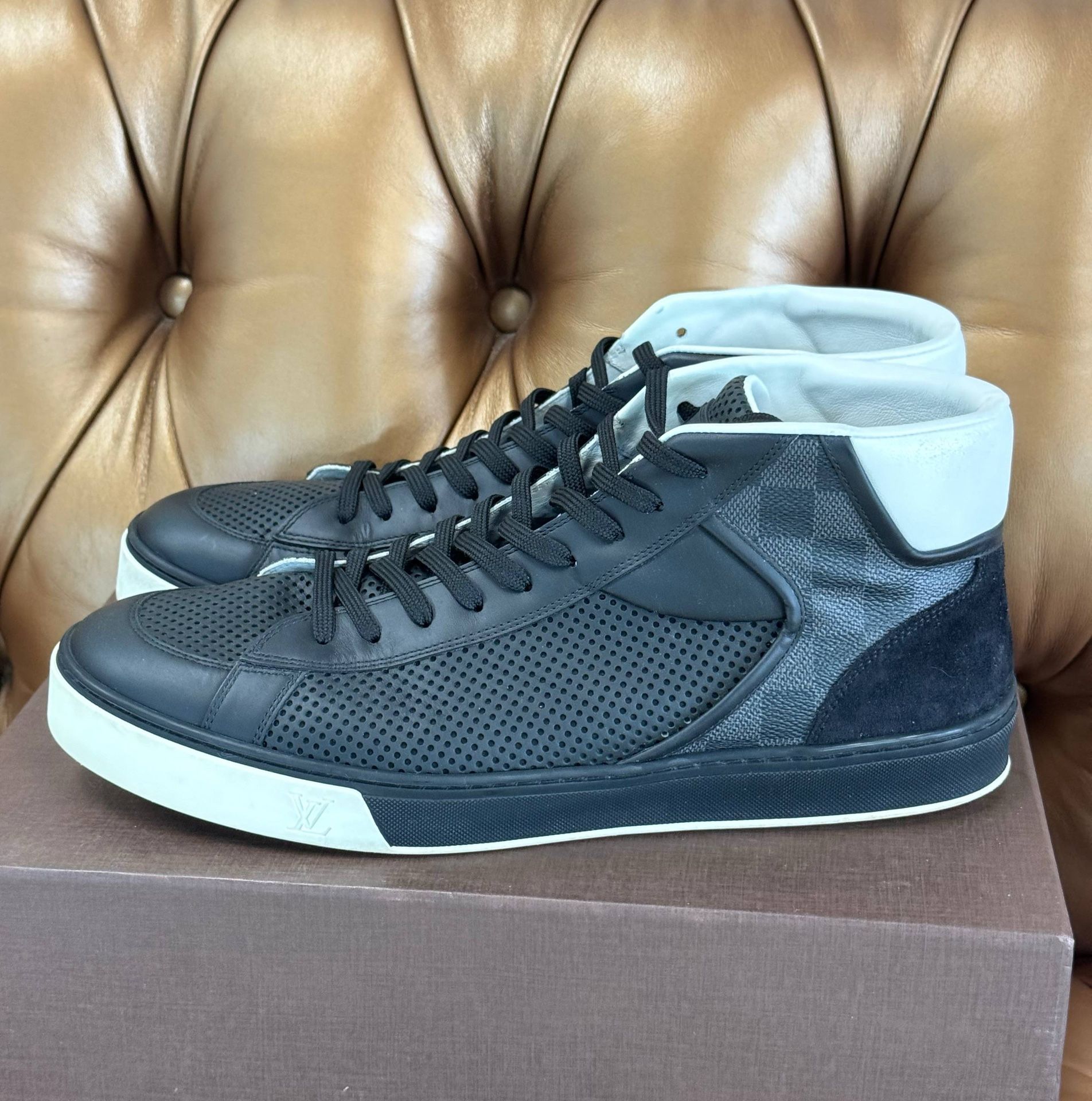 Louis Vuitton Black Damier Canvas and Leather Suede Back High Top Sneakers Size 11 Box Dust Bag