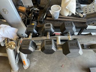 RUBBER HEX DUMBBELLS - PAIRS OF 45LBS, 55LBS, 60LBS & 65LBS WITH HOIST 5 PAIR RACK!!
