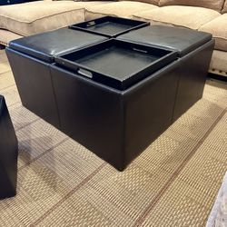 Large Faux Black Leather Ottoman With 4 Stools 