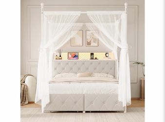 Brand new in the box-  Upholstered Metal Canopy Bed Frame w/Storage & USB, Beige Button Tufted Storage Headboard, 2 Underbed Drawers, Metal Platform B