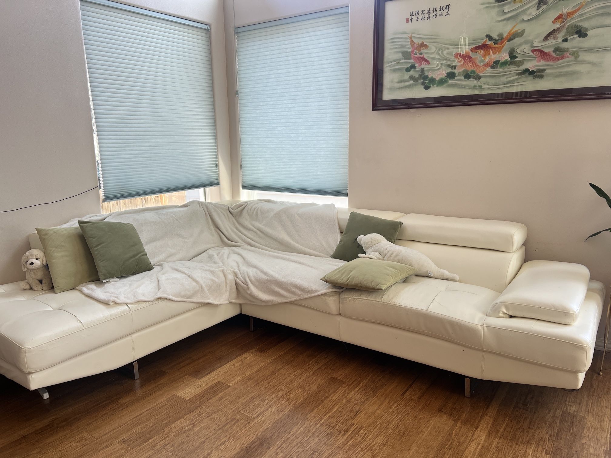 White Couch Set 8’ By 10’ Ft - Blanket Drape, Pillows, and Stuff Animals Included