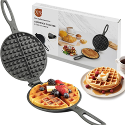 7 Inch Round Cast Iron Waffle Iron Plant Oil Care Two Piece Hinged Non Electric Waffle Maker for Indoor and Outdoor Picnics
