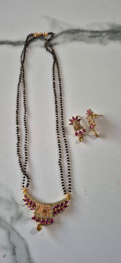 Indian Mangalsutra Black bead CZ AD Ruby Stone Wedding Necklace Chain set