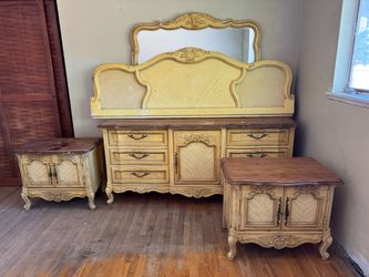 Vintage 60s 70s Stanley Furniture Bedroom Set French Provincial Hollywood Regency Beauty and the Beast Yellow MCM
