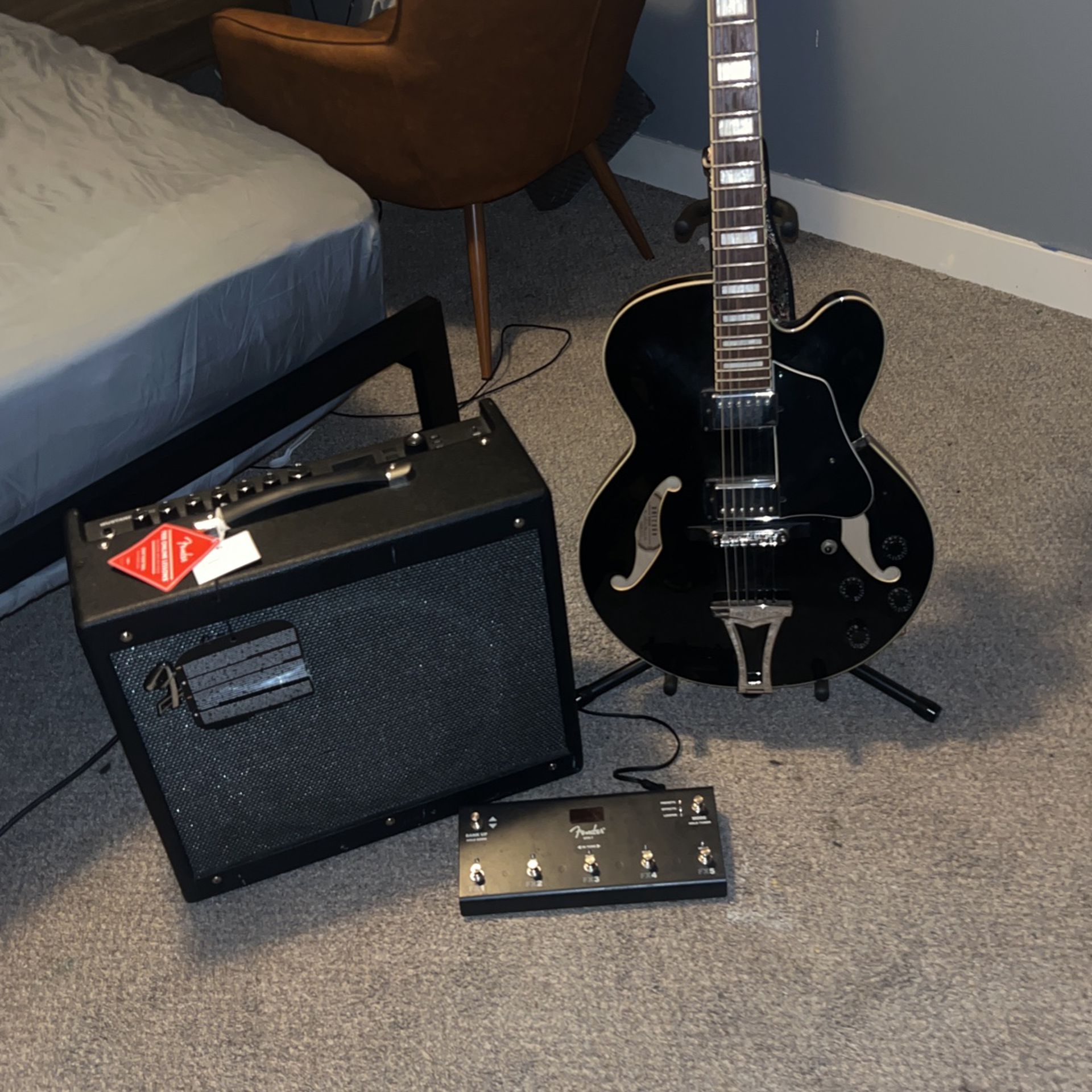 Ibanez Electric Guitar And Fender Mustang Gtx 50 Amp With Gtx-7 Foot Pedals