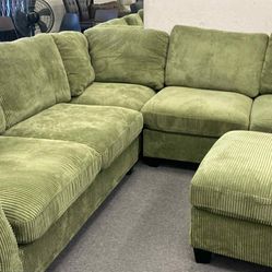 New 99x99 Sage Corduroy Sectional Couch With Ottoman / Free Delivery 