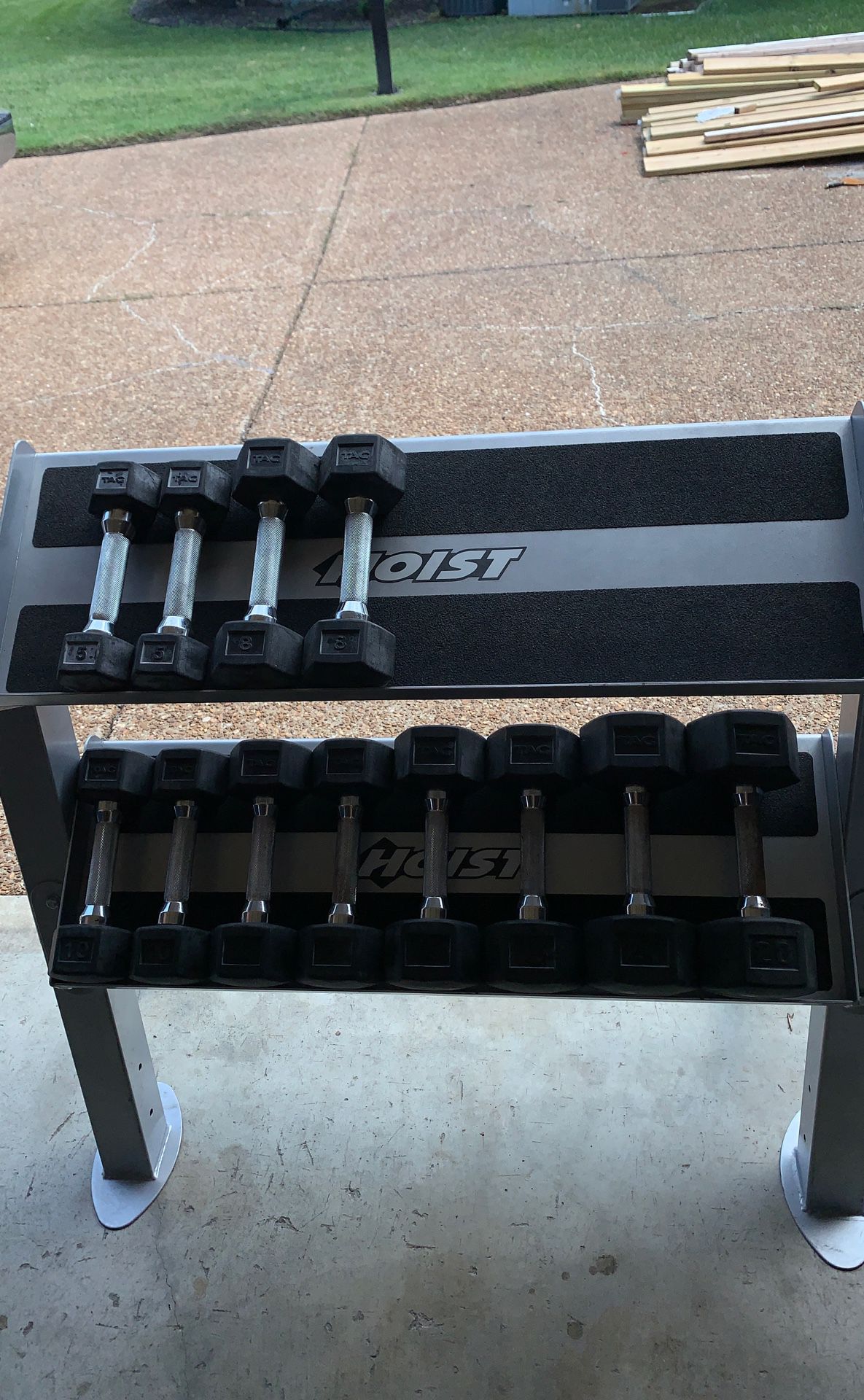 Rubber dumbbells and rack