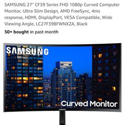SAMSUNG 27" CF39 Series FHD 1080p Curved Computer Monitor, Ultra Slim Design, AMD FreeSync, 4ms response, HDMI, DisplayPort, VESA Compatible, Wide Vie