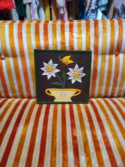 Vintage 1960s Hand Carved Wood Flower And Bee Plaque 