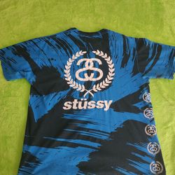Stussy XL Men's graphic print short sleeve T- Shirt blue black white crew neck