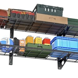 EVERHANGER Garage Wall Shelves, 12 X 48 Inch Wall Mounted Storage Shelves, Heavy Duty Metal Shelving with Hooks, 2 Pack, Black