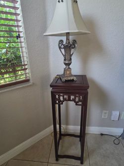 Ornate Table Lamp with Wood Pedestal Stand