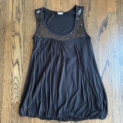 Y2K Vintage Janice Black Sequin Scoop Neck Tank Top S Bubble Hem Made in USA