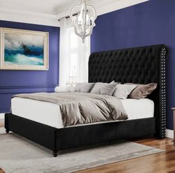 NEW Black Velvet Tufted Upholstered Bed Frame