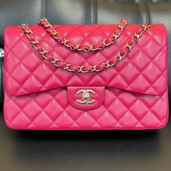 New Rare CHANEL Fuchsia Pink Large Classic Flap Bag Handbag Grained Calfskin Gold Hardware