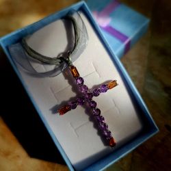 925 Sterling Silver Stamped Amethyst Citrine Gemstone Cross 2 " lenght new 
