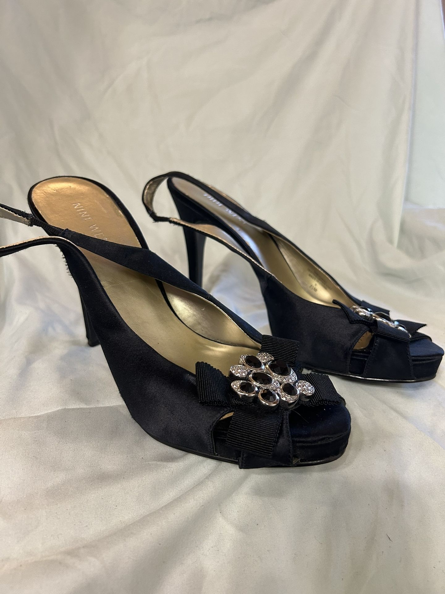 Women’s Size 7.5 Slingback Peep Toe Heels With Bejeweled Detail
