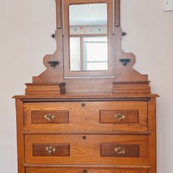Antique Wooden Dresser With Swivel Rotating Mirror