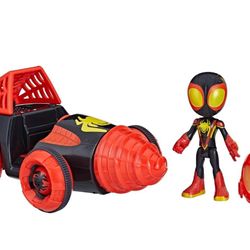 Marvel Spidey and His Amazing Friends Web-Spinners Miles with Drill Spinner, Car Playset with Vehicle, 4-Inch Scale Action Figure