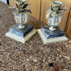 Set Of 2 Vintage Marble Brass Glass Candle Holders Black Gold Leaves Palms  6”