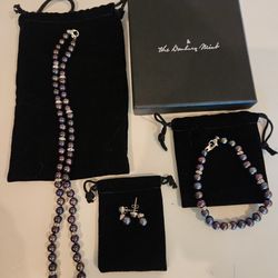 Danbury Mint Black Pearl Necklace Bracelet & Earrings 