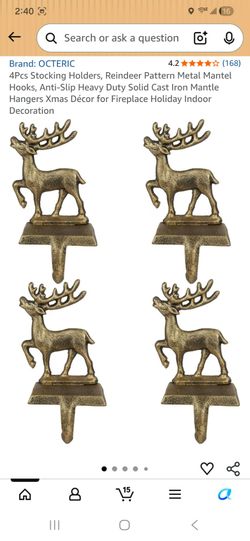 4Pcs Stocking Holders, Reindeer Pattern Metal Mantel Hooks, Anti-Slip Heavy Duty Solid Cast Iron Mantle Hangers Xmas Décor for Fireplace Holiday Indoo