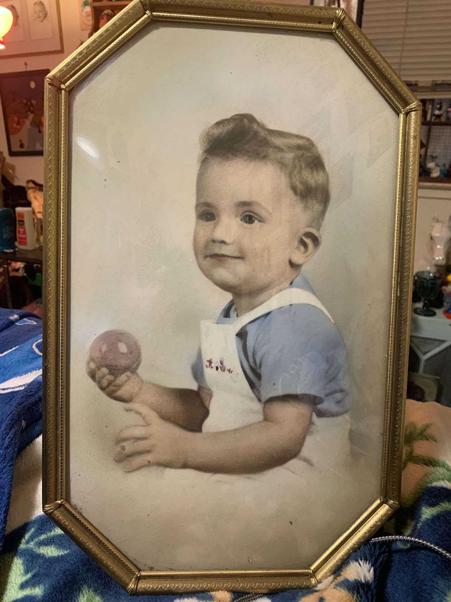 Antique Bubble Glass Frame With Photo Of Boy