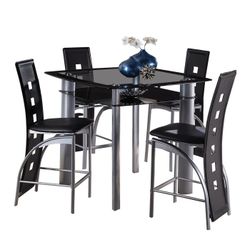 Brand New Black/Silver Glass Counter High Dining Table (42 x 42 x 35.5H) + 4 Black Faux Leather Chairs 