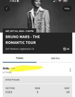 BRUNO MARS SOFI TICKET 10/3 saturday