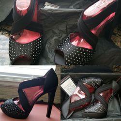 Nina New York Black Crystal Satin Peep Toe Pumps