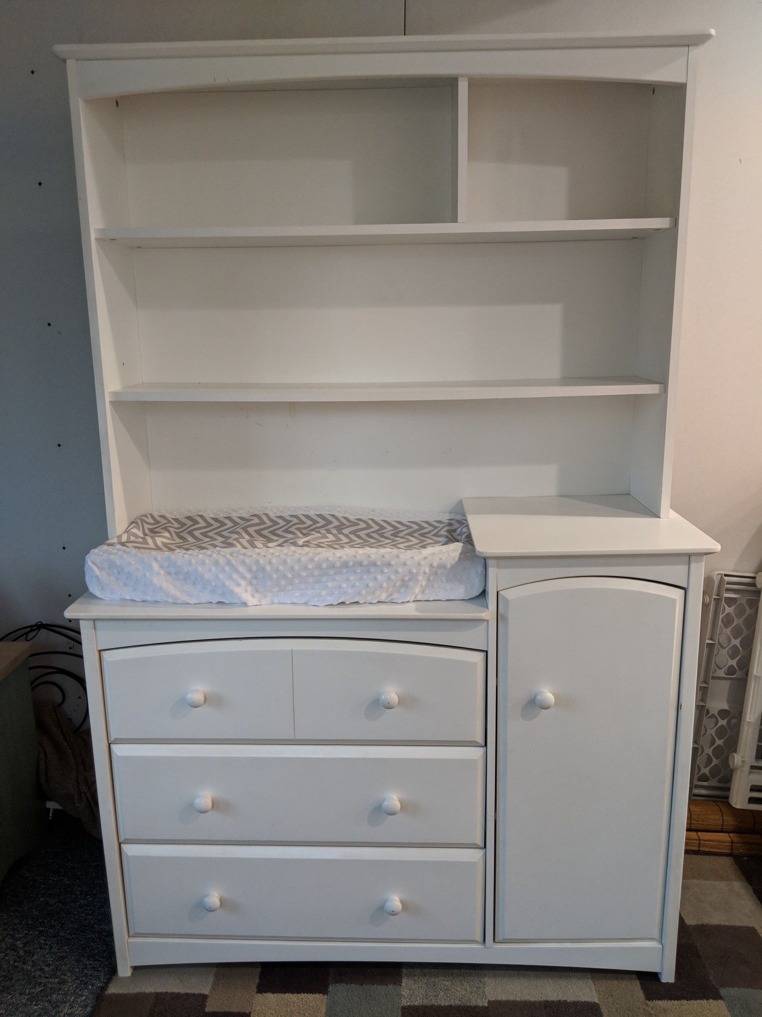 White Dresser, Changing Table, Bookshelf Combo