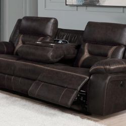 Brown Upholstered Tufted Back Motion Sofa Wall Hugger
