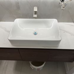 48 Inch Floating Bathroom Vanity with Sink, Modern Wood Bathroom Storage Cabinet with Drawers, Sintered Stone Top Ceramic Single Sink 