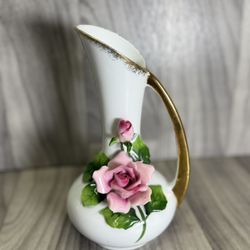Vtg STERLING CHINA JAPAN Porcelain Ewer Vase 3D Applied Pink Roses Gold Trim