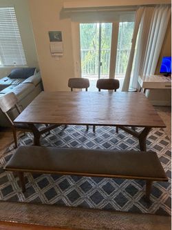 Caleb Dining Table, Dining Bench and 3 chair. Nothing broken or scratched. Paid $1600