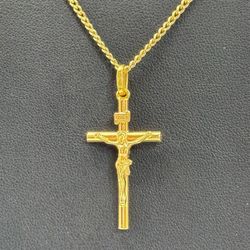 18k solid yellow gold cross pendant & 14k gold 19” curb chain necklace