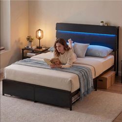 🔥🔥QUEEN Size LED Light Bed Frame with Headboard and 2 Storage Drawers, Black Metal