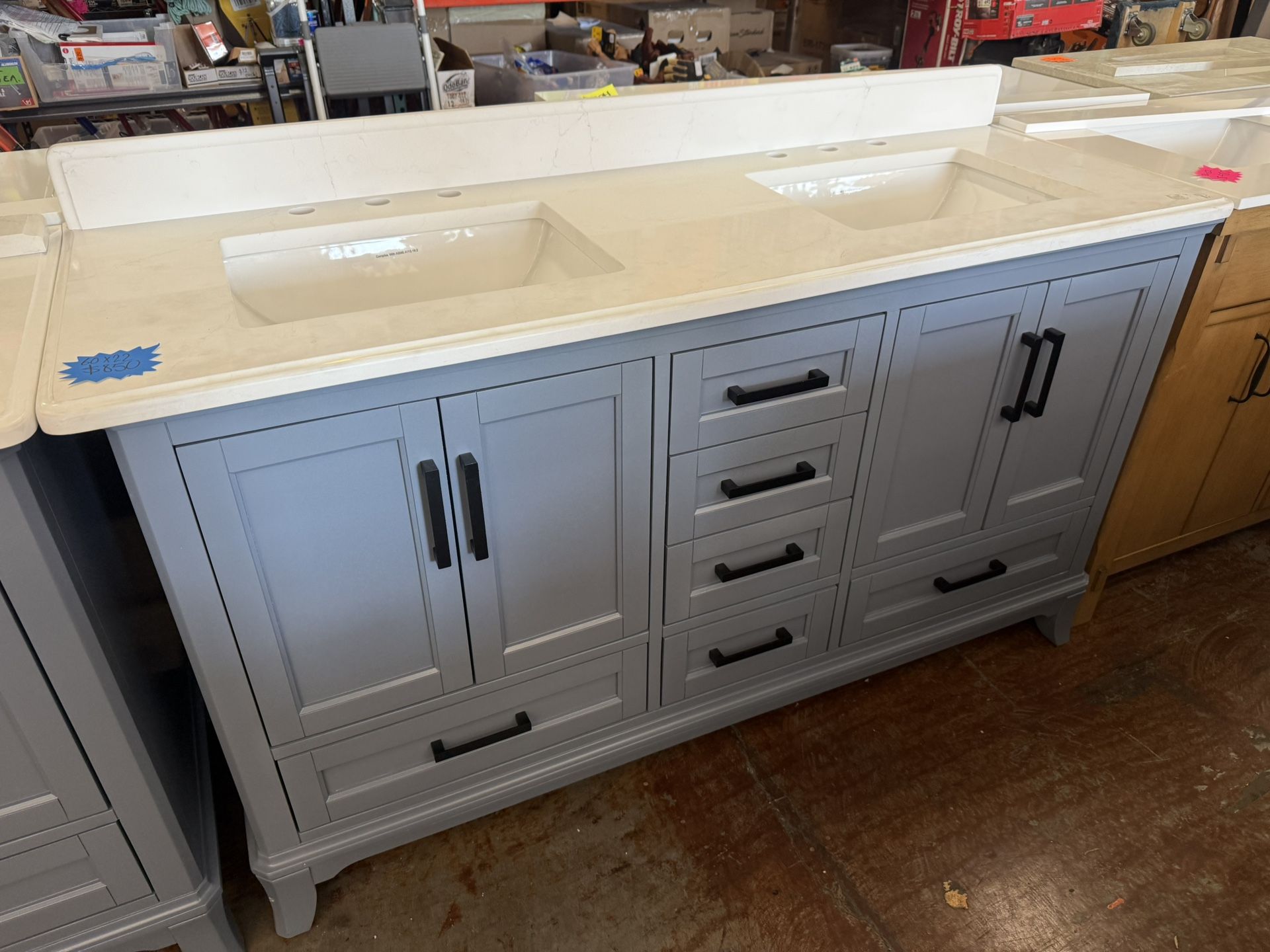 Rawsonville 61 in. Double Sink Freestanding Steel Blue Bath Vanity with White Quartz Top