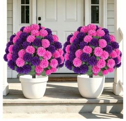 33in, Pink Purple, 2 Pcs Zero Maintenance Topiary Ball with Ground Spikes for Front Door Yard and Garden Decor, Realistic Chrysanthemum