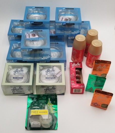 Lot of 18 Glade Glass Candle Holders, Refill Candles, Plug-In Scented Oils, Scented Oil Refills and Automatic Spray Refills.