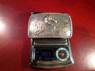 SILVER HAND ENGRAVED BELT BUCKLE W LOW KARAT YELLOW GOLD ACCENTS