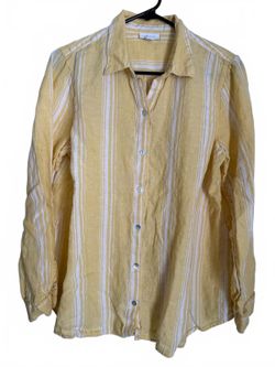 J. Jill Love Linen Button Down Blouse Size Medium Yellow White Stripes Cottage
